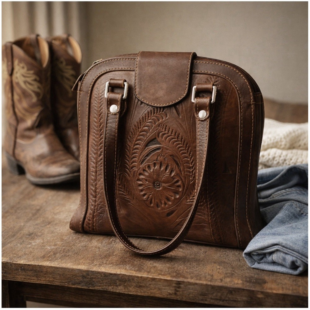 Vintage Tooled Leather Western Satchel Brown Boho Cowgirl Handbag